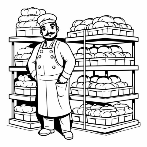 Black and white illustration of a male chef standing in a grocer