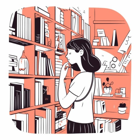 Vector illustration of a young woman standing in a library and c