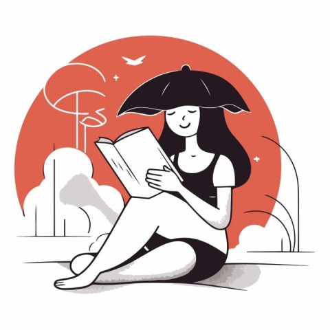 Girl reading a book in the park in flat style.