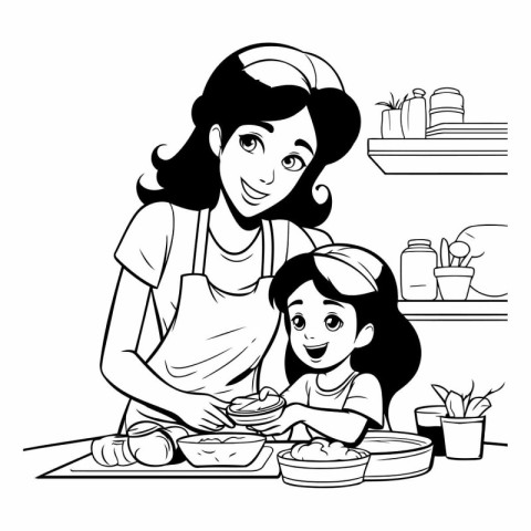 Mother and daughter cooking together in the kitchen. black and w