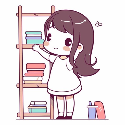 Illustration of a Cute Little Girl Posing in Front of Shelf