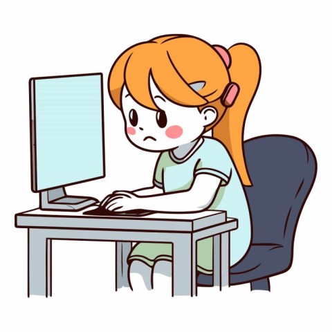 Young woman using a computer at home in cartoon style.