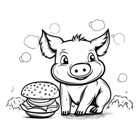 illustration of a pig with a hamburger on a white background