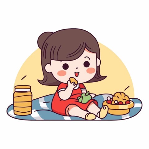 Illustration of a little girl playing with her food at home.