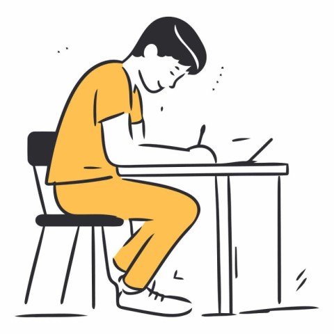 Illustration of a young man sitting at his desk and using a lapt