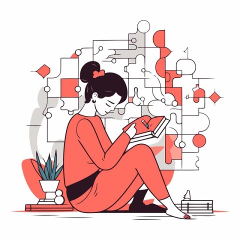 Girl reading a book at home in flat style.