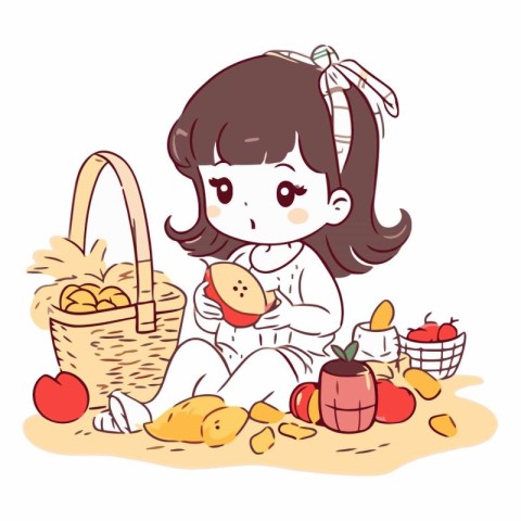 Illustration of a Little Girl Enjoying Her Basket Full of Food