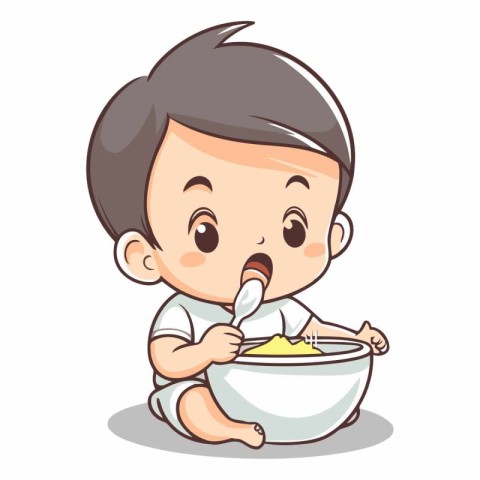 Cute baby boy eating with spoon and bowl of cereal vector illust