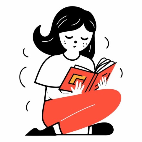 Girl reading a book in doodle style.