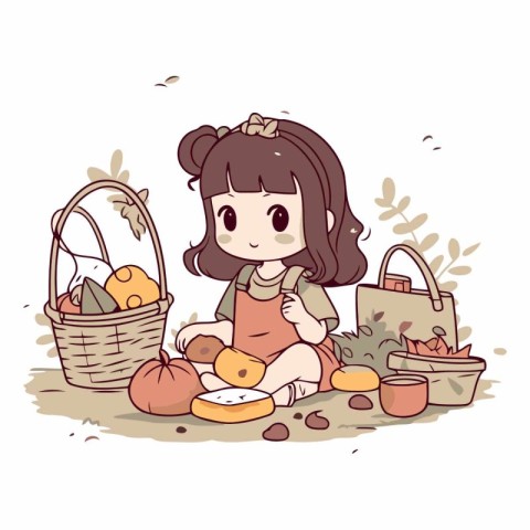 Illustration of a cute little girl with a basket of food.