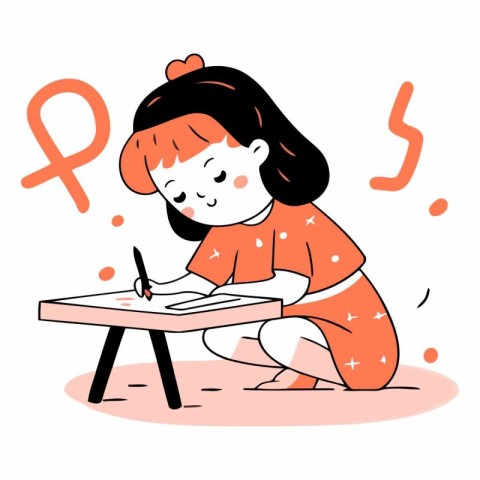 Cute little girl doing homework in cartoon style.