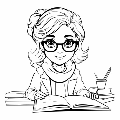 Girl Student Studying - Black and White Cartoon Illustration. Ve