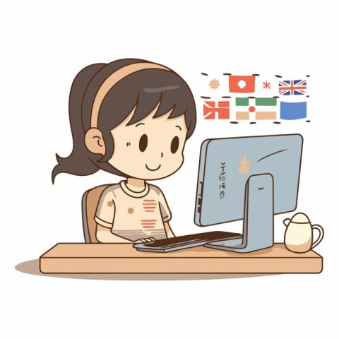 Illustration of a little girl using a computer to learn english.