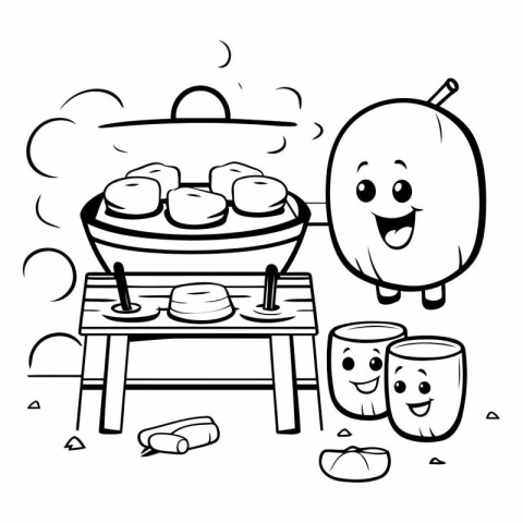 Black and White Cartoon Illustration of Cute Grilled Marshmallow