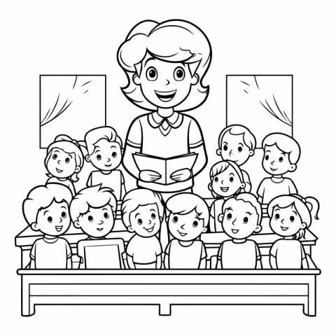 Teacher and students in classroom. black and white vector illust