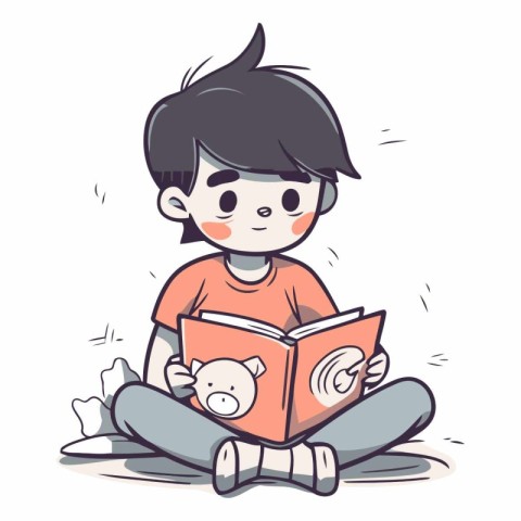 Little boy reading a book. Cute cartoon character.