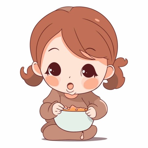 Illustration of a cute little girl eating a bowl of cereals