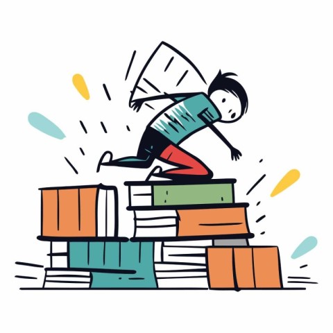 Cartoon vector illustration of a man falling from a pile of book