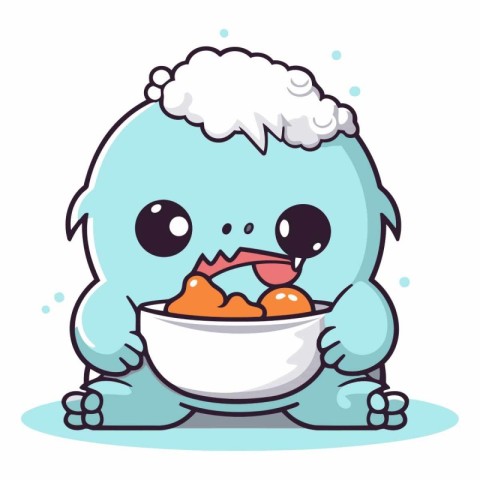 Illustration of a Cute Baby Monster Eating A Bowl Of Food