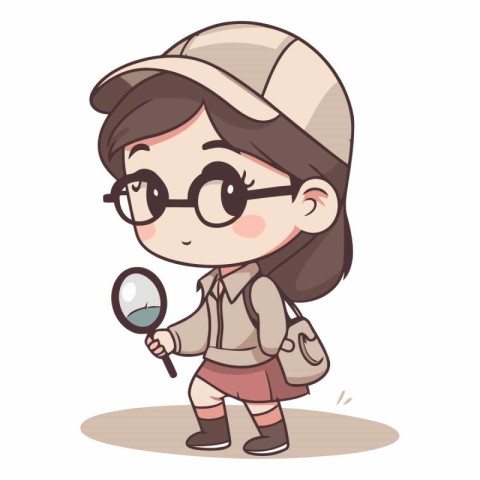 Cute little girl with magnifying glass and backpack.