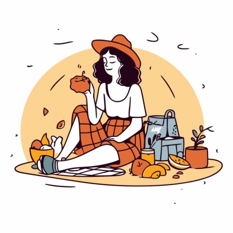 Woman sitting on the floor with food and drink.