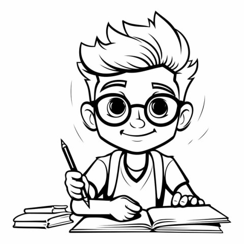 Boy Student - Black and White Cartoon Illustration of a Kid Stud