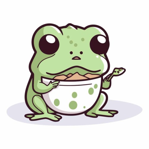 Frog with a bowl of food in cartoon style.