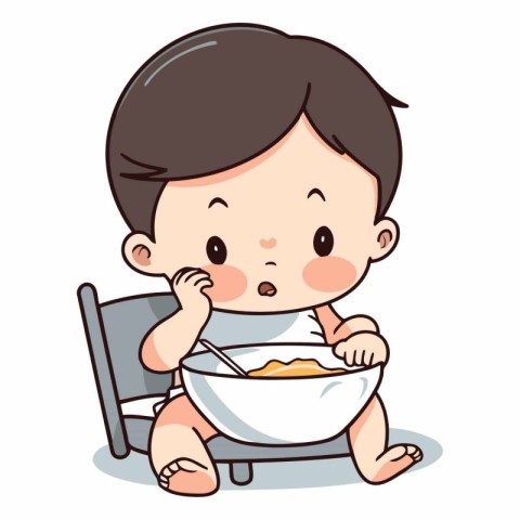 Baby boy eating cereal isolated on white background of a baby bo