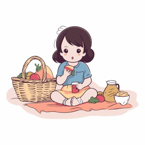 Illustration of a cute little girl sitting on the floor with a b