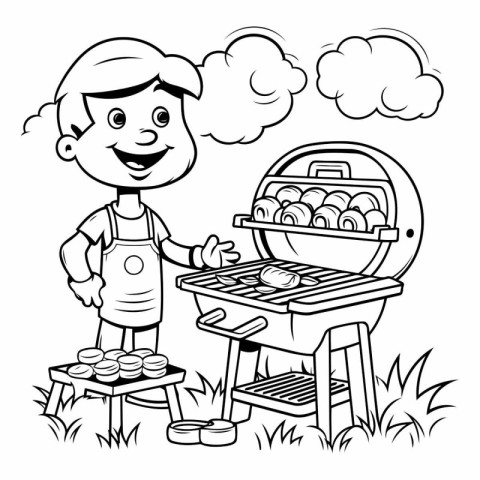 Boy cooking on a barbecue. black and white vector illustration f