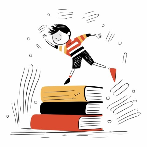 Boy jumping from a pile of books. Vector hand drawn illustration