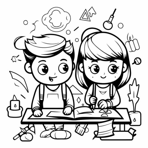 Black and White Cartoon Illustration of Boy and Girl Studying at