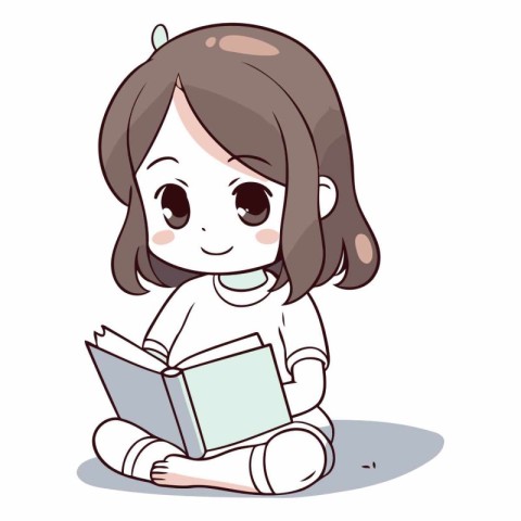 Illustration of a cute little girl reading a book on a white bac