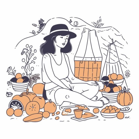 Vector illustration of a woman in a hat sitting on the ground am