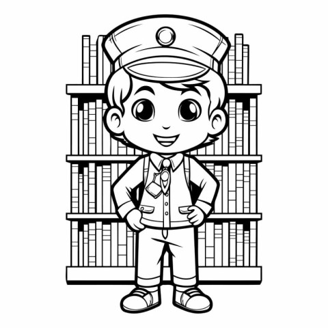 Cartoon sailor boy in uniform standing next to bookshelves.