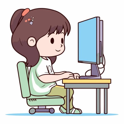 Girl playing computer game on white background in cartoon style.