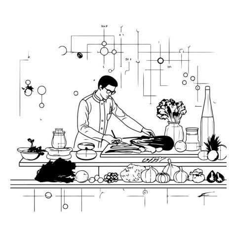 Vector illustration of a man preparing food in the kitchen. Line