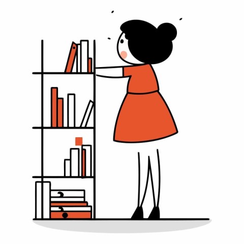 Vector illustration of a woman standing in front of bookshelf.