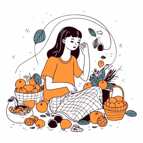 Vector illustration of a young woman sitting in a basket with fr