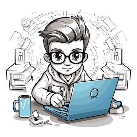 Vector illustration of a boy with glasses working on a laptop at