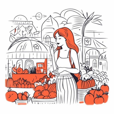 Beautiful woman at the fruit market. Hand drawn vector illustrat