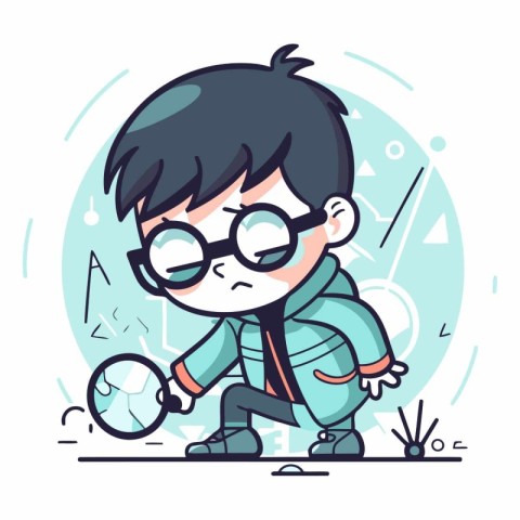 Boy with glasses and a big magnifying glass.