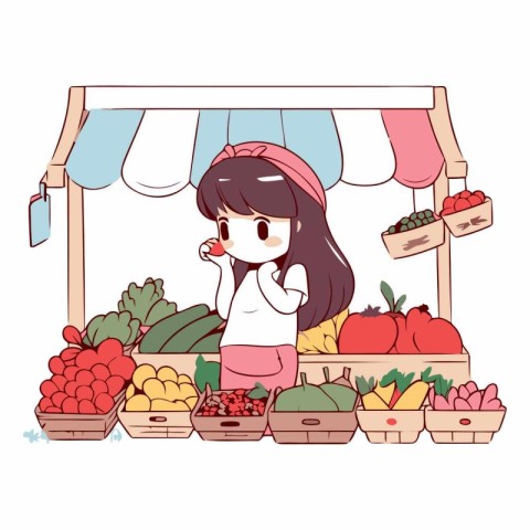 cute little girl with fruits and vegetables market cartoon vecto