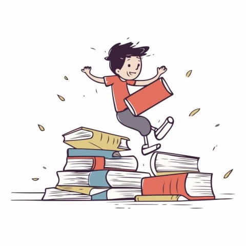 Boy jumping from a pile of books in cartoon style.