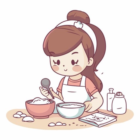 Illustration of a Cute Little Girl Mixing Ingredients in a Bowl