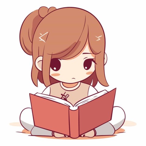 Illustration of a Cute Little Girl Reading a Book - Vector