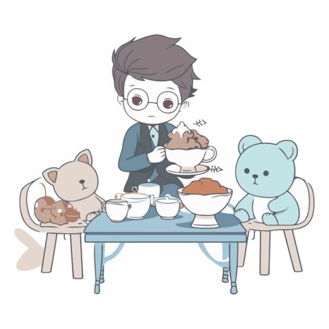 businessman having breakfast with cat. dog and bear cartoon vect