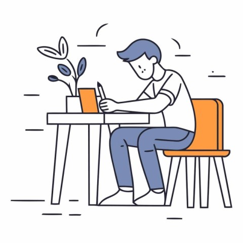 Man sitting at table and working on laptop. Line art vector illu