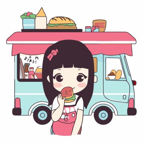 Illustration of a Cute Little Girl Eating a Donut in a Fast Food