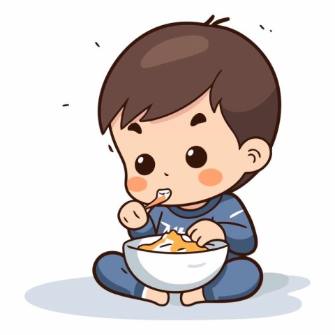 Illustration of a Kid Boy Eating a Bowl of Noodles